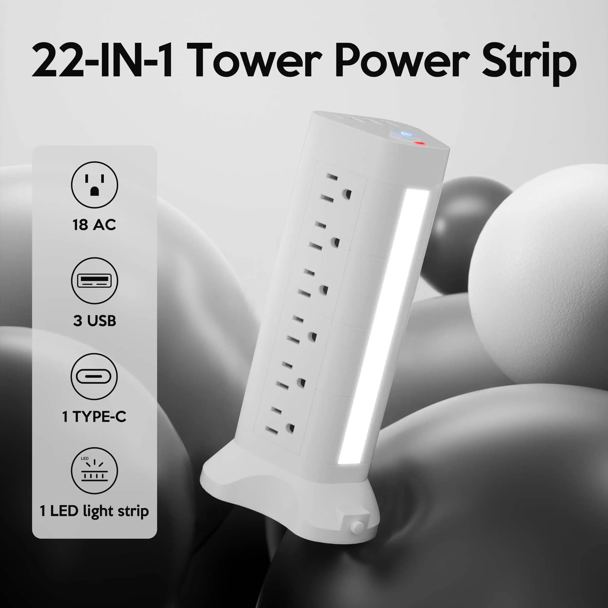 Power Strip  – Tower with 18 AC Outlets with 3 USB-A – 1 USB-C & Surge Protection