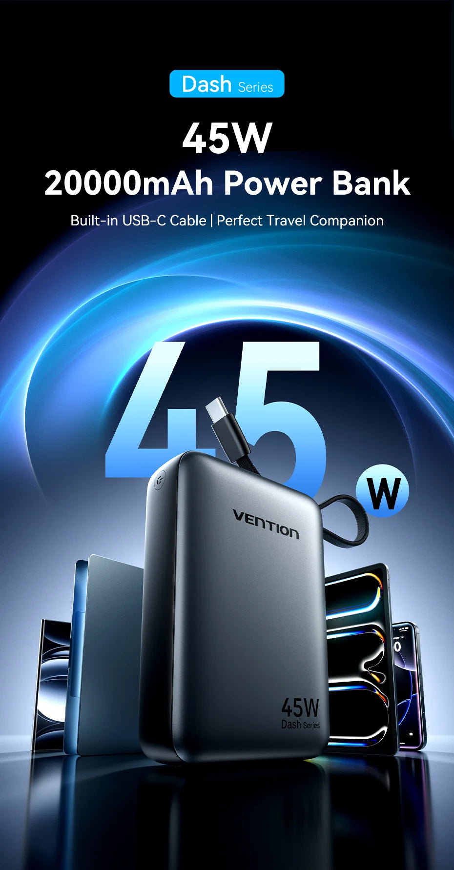 45W Portable Power Bank – 20000mAh Fast Charger for Phones