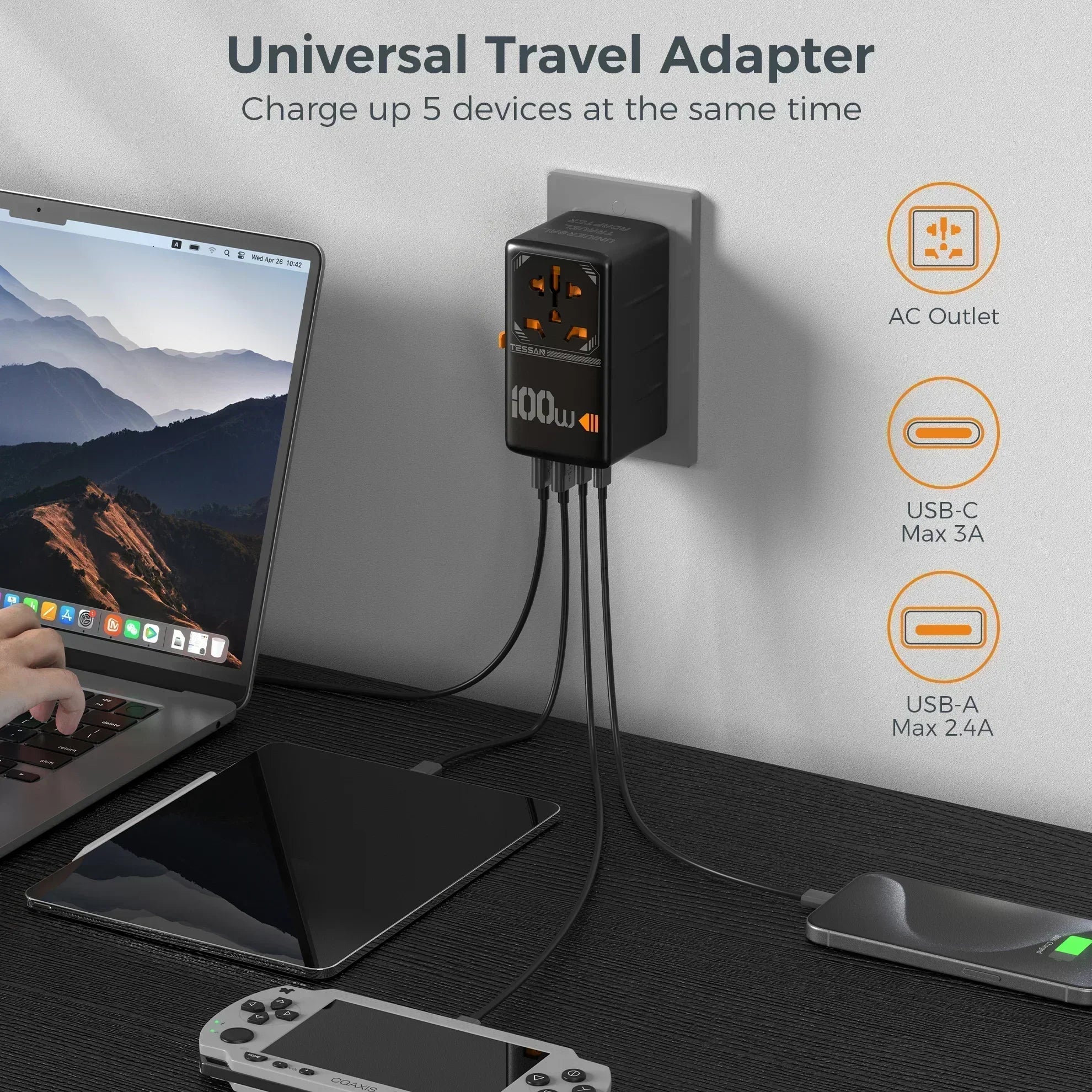 TESSAN 100W GaN Universal Travel Adapter – USB & Type-C Fast Charging
