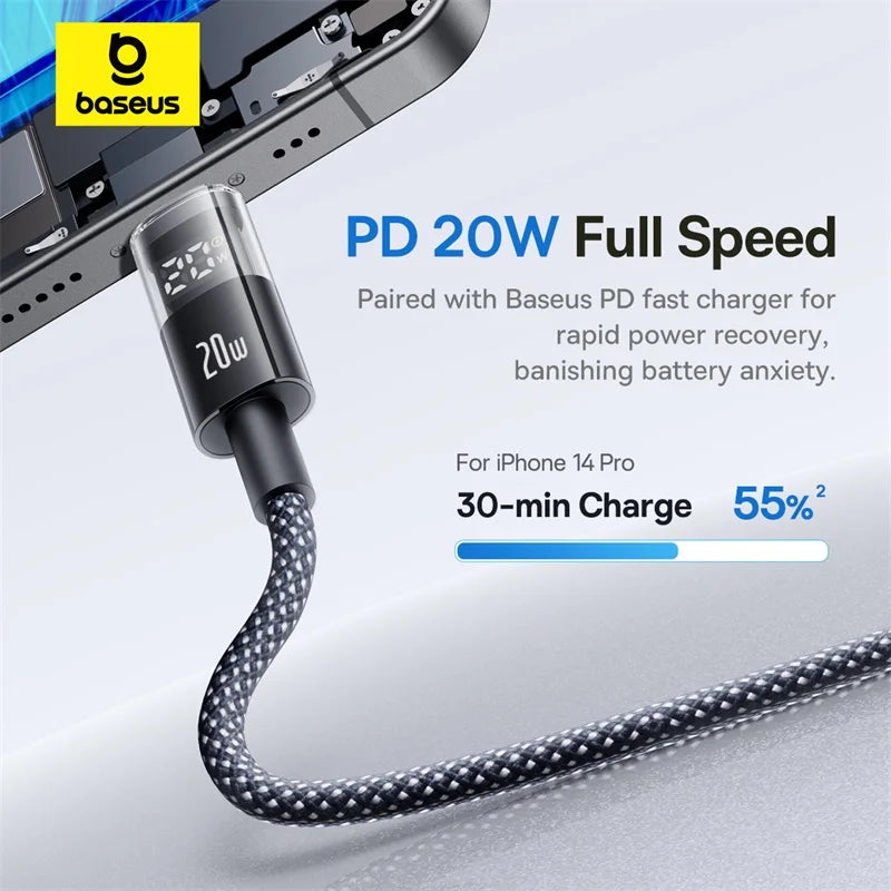 Baseus 20W USB-C Cable for iPhone & iPad – Fast Charge with LED Display