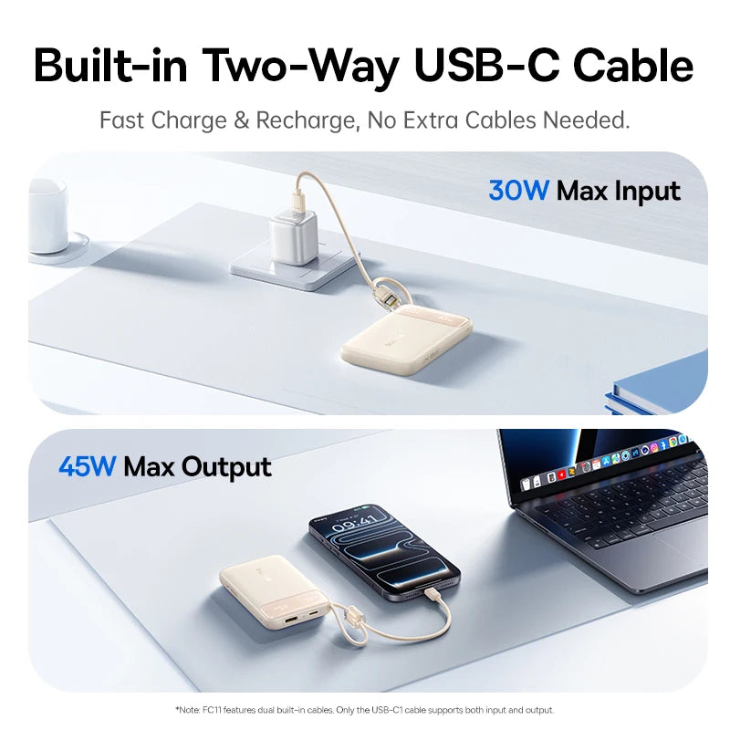 Baseus 45W Power Bank 10000mAh 20000mAh Built-In Dual USB-C Cable Fast Charging for iPhone 17 16 Pro Max Samsung S25 Xiaomi Poco