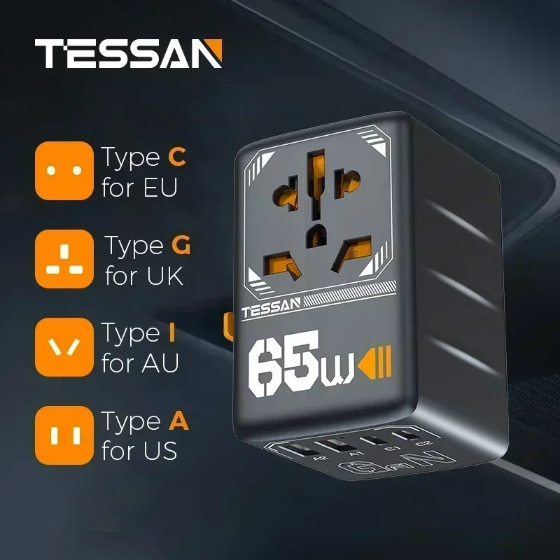TESSAN 100W GaN Universal Travel Adapter – USB & Type-C Fast Charging