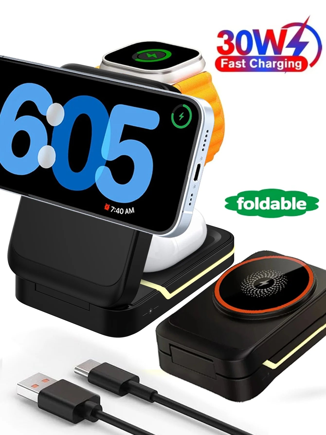 30W 3 in 1 Magnetic Foldable Travel Fast Wireless Charger Stand for Magsafe iPhone 16 15 14 13 17 Pro Apple Watch 2-9 SE Airpods