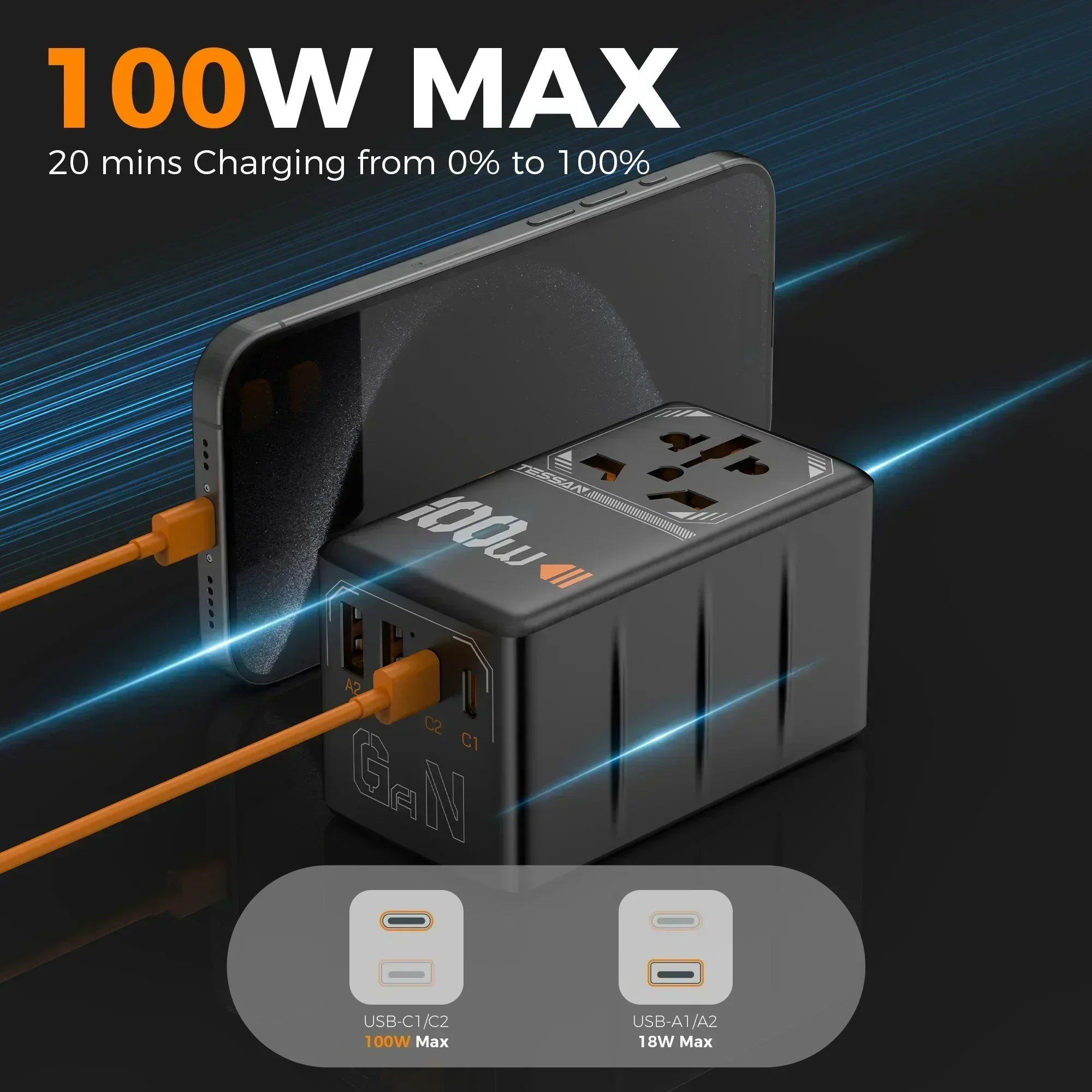TESSAN 100W GaN Universal Travel Adapter – USB & Type-C Fast Charging