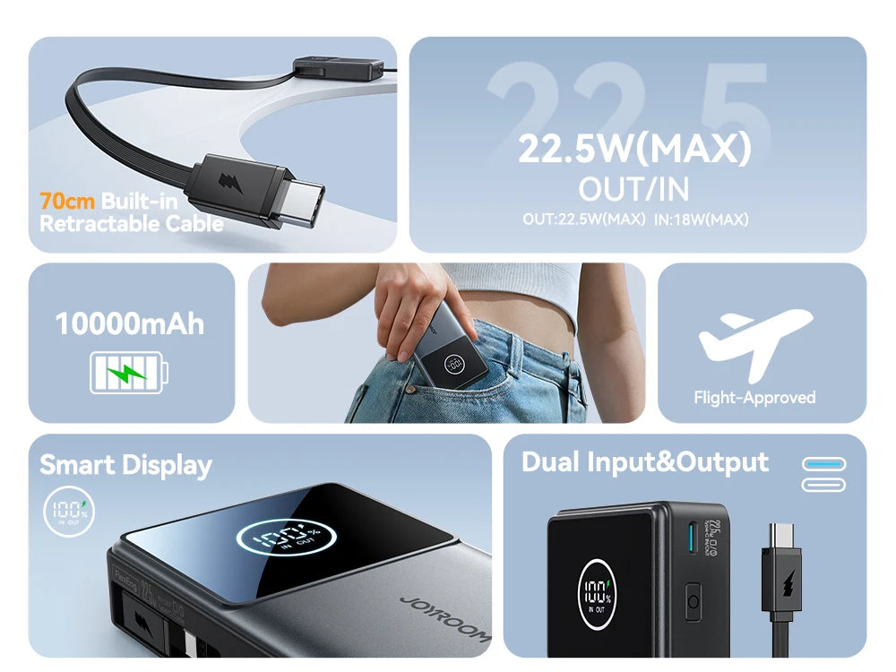 10000mAh Fast Charging Power Bank – Joyroom with Retractable Type-C Cable