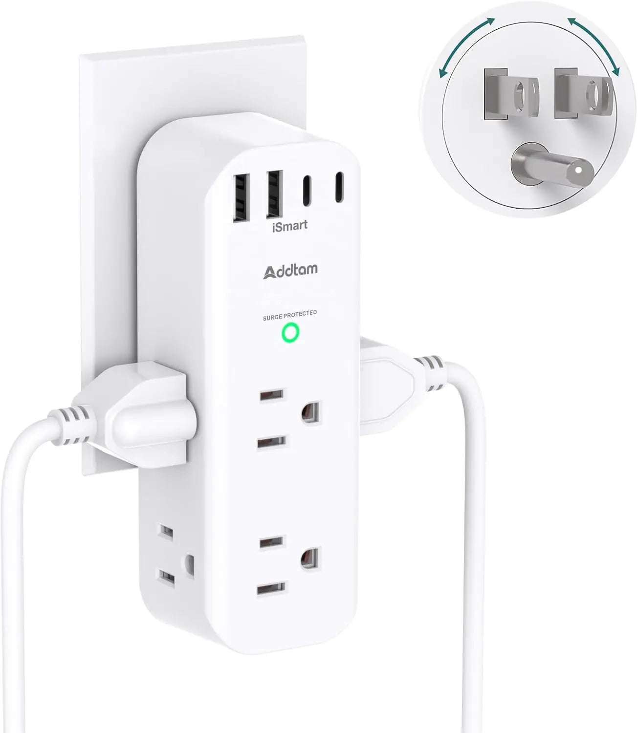 White power strip with multiple outlets and USB ports on a white background