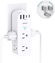 White power strip with multiple outlets and USB ports on a white background