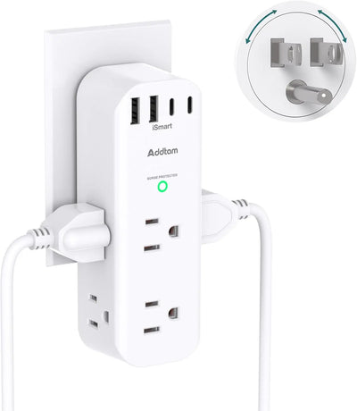 6-Outlet Surge Protector with 4 USB Ports, Rotating Plug, Wall Mount Design for Travel & Dorm