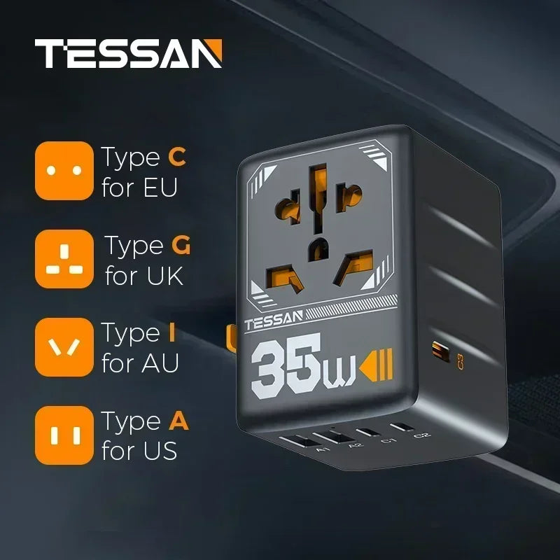TESSAN 100W GaN Universal Travel Adapter – USB & Type-C Fast Charging