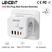 LENCENT 7-in-1 EU Power Strip – 3 AC + 3 USB + Type-C PD 35W Fast Charger