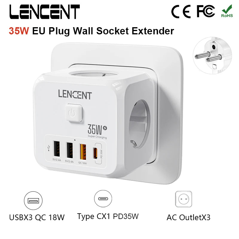 LENCENT 7-in-1 EU Power Strip – 3 AC + 3 USB + Type-C PD 35W Fast Charger