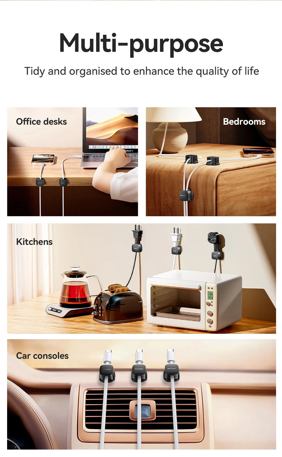 Rocoren Magnetic Cable Organizer – 6PCS Adjustable Wire Holder for Desk