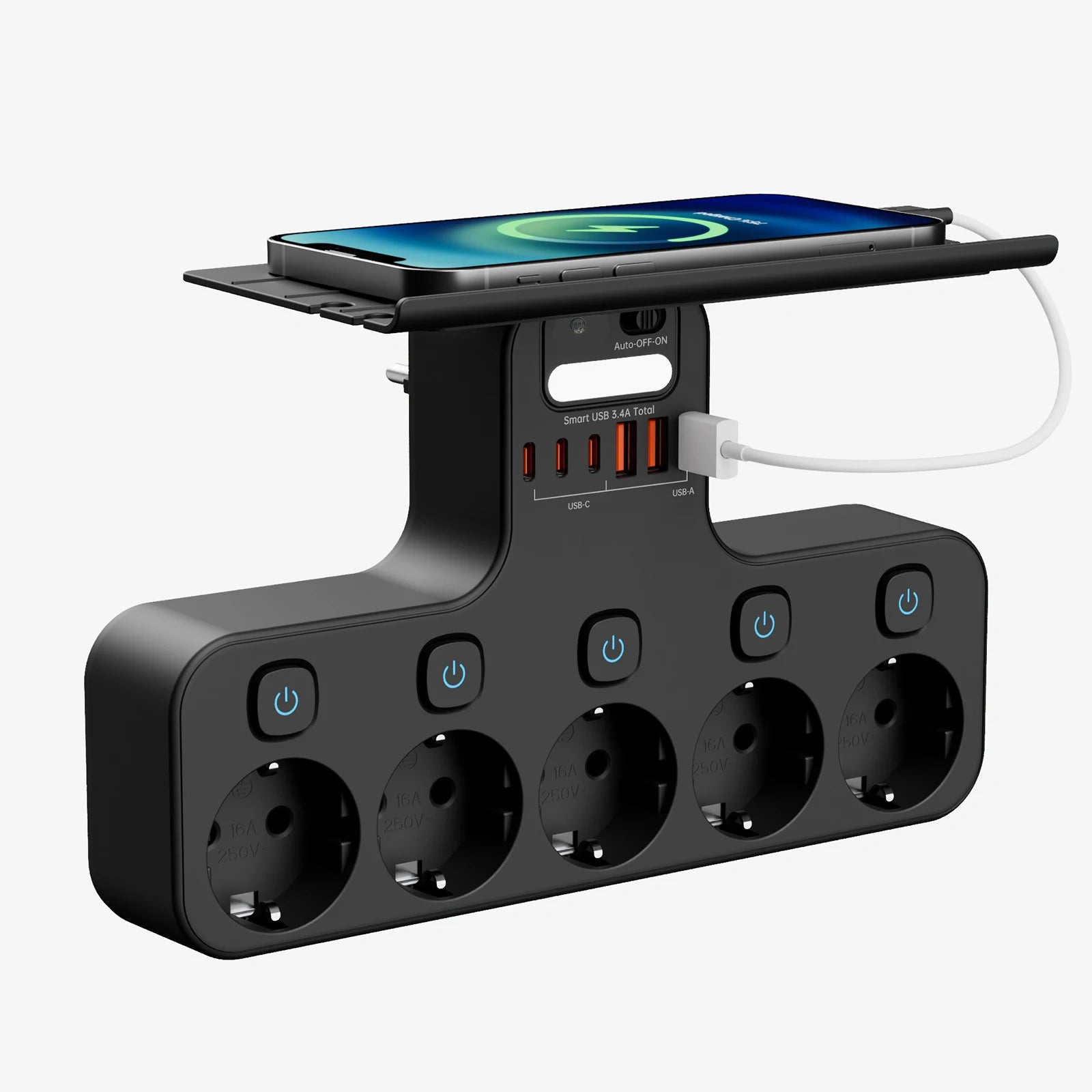 4000W Smart Wall Power Strip – USB-C Fast Charging Hub with Motion Sensor Night Light & Independent Switches