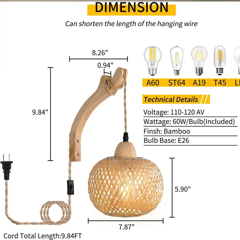 Bamboo Lantern Wall Lamp – Hand-Woven Rattan E27