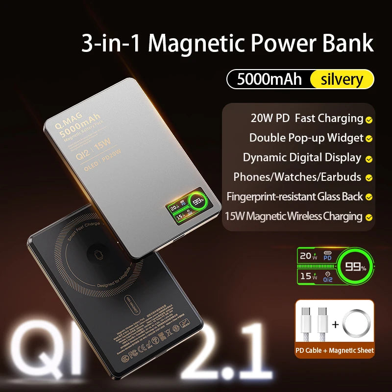15W Wireless Magnetic Power Bank – LCD Display, iPhone, AirPods & Watch Charging