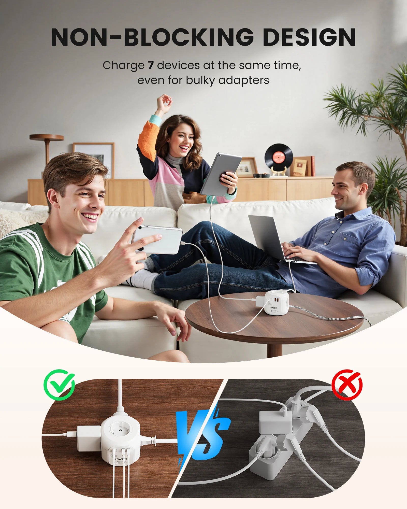 LENCENT Upgraded Power Strip Cube with  4 AC Outlets 3 USB Port 1 Type C 3M Braided Cable Multi Socket with Switch for Home