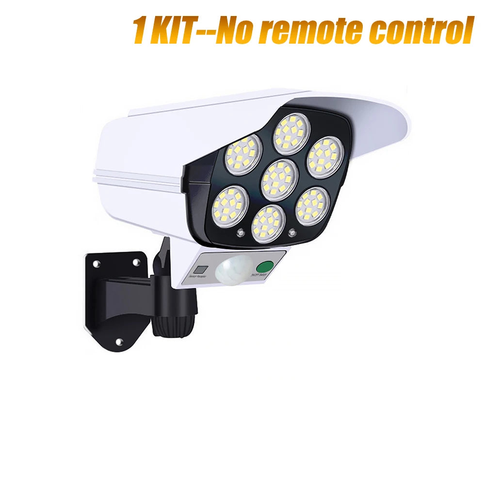 Outdoor Motion Sensor Solar Lights 77 LED FloodLight Waterproof Wireless Dummy Decoy Fake Security Camera for Porch Garden Patio