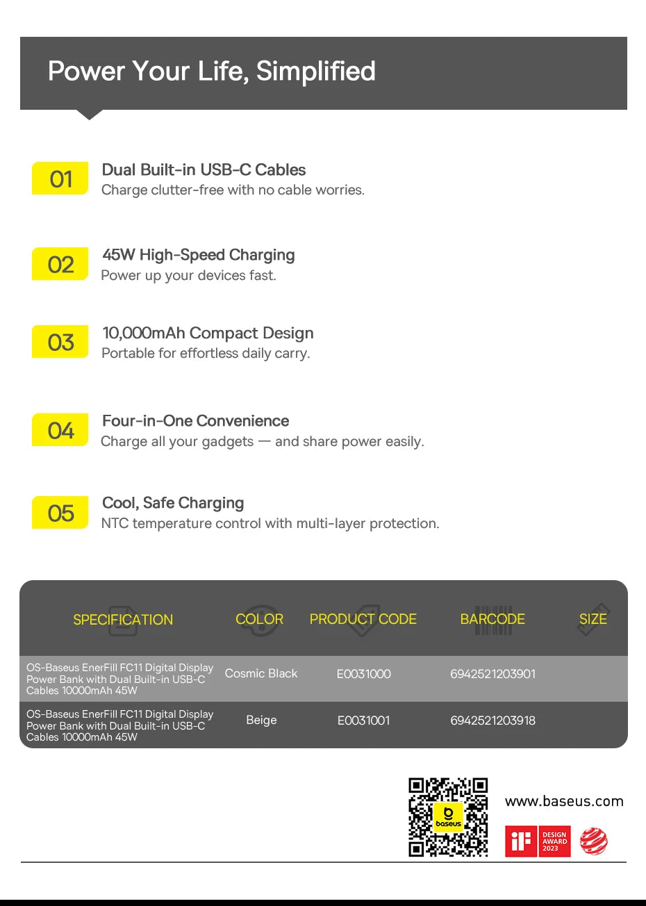 Baseus 45W Power Bank 10000mAh 20000mAh Built-In Dual USB-C Cable Fast Charging for iPhone 17 16 Pro Max Samsung S25 Xiaomi Poco