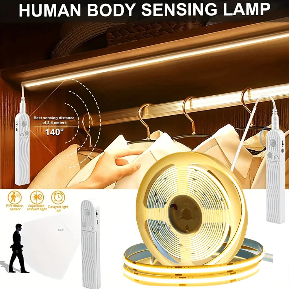 Motion Sensor LED Light Strip – Battery Powered COB Strip for Indoor Lighting