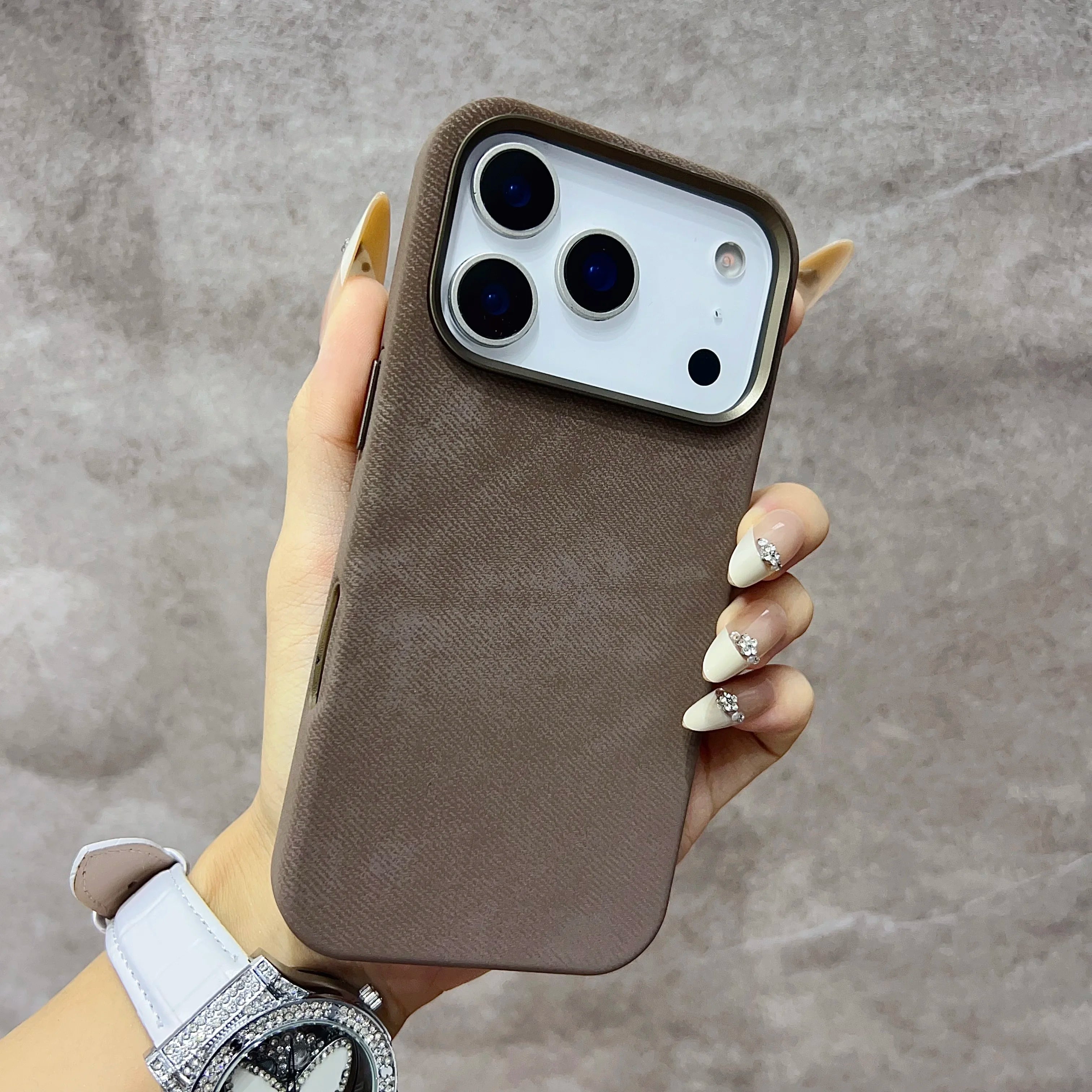 Luxury MagSafe Fiber Leather iPhone Case – Shockproof & Alloy Lens