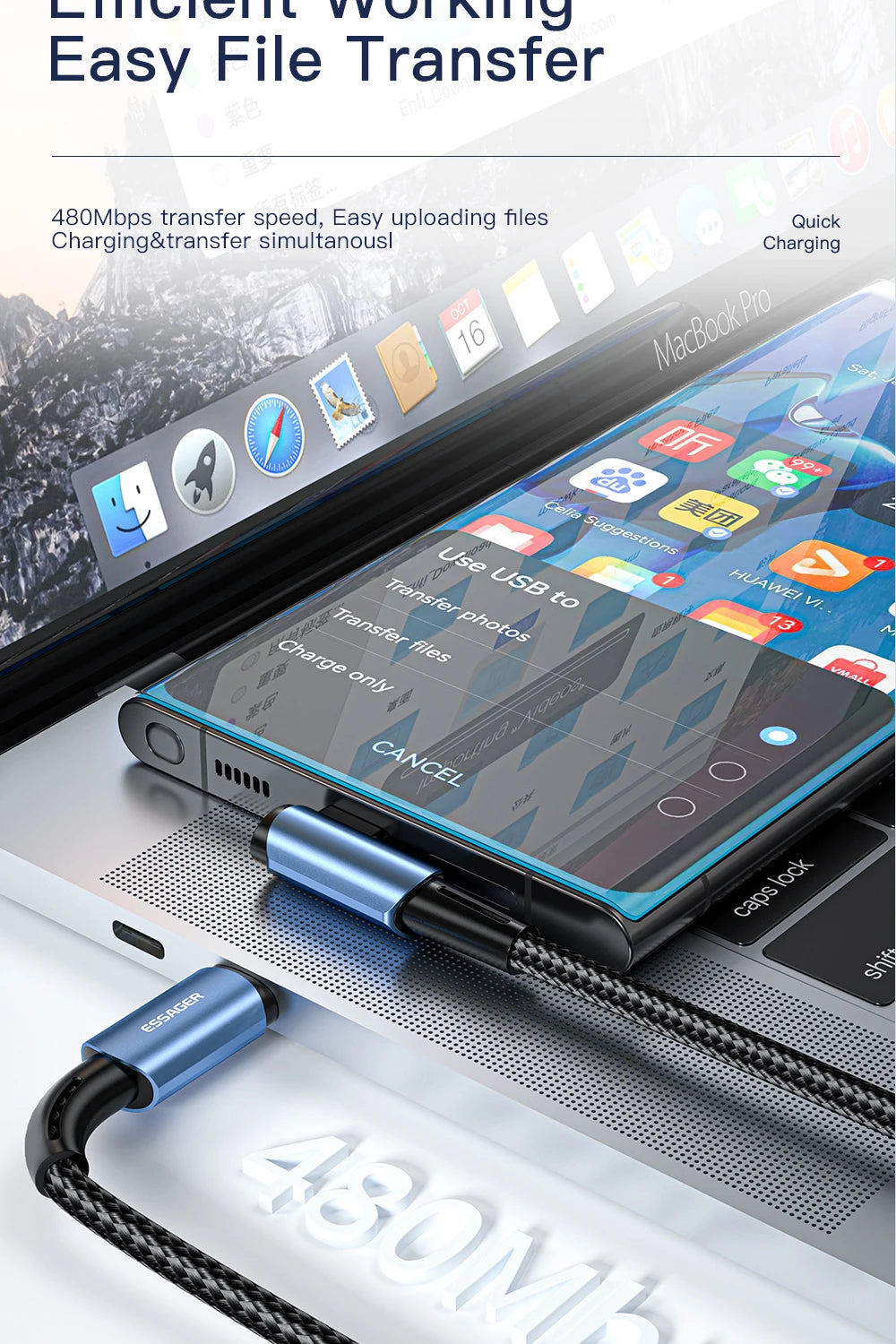 Essager 100W USB-C Cable – 90° Fast Charging & Data Wire