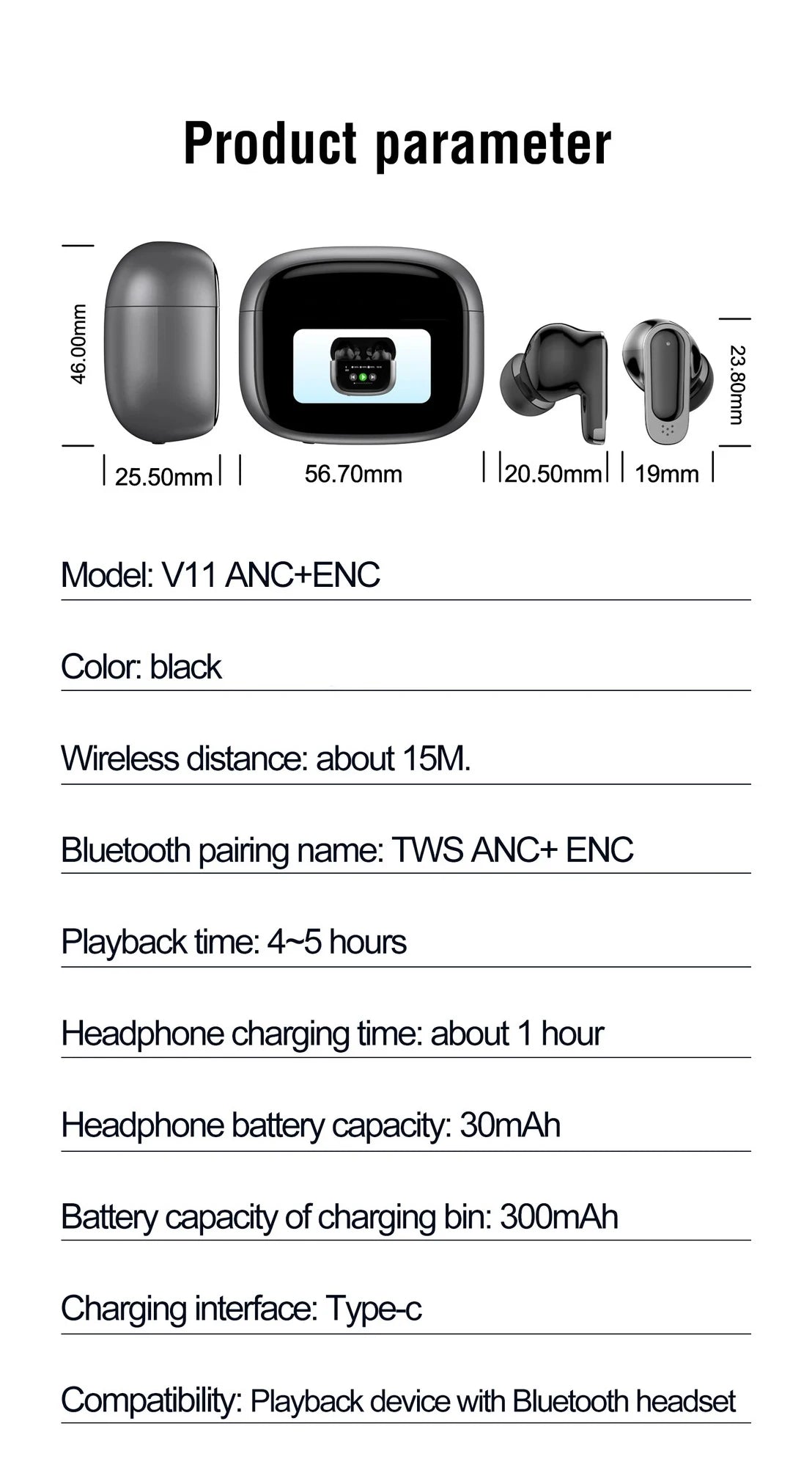 BOSECXT Ultra V11 Smart Touch Multi functional Large Screen TWS Wireless ANC Noise Cancelling Earbuds Enc Heavy Bass Earbuds