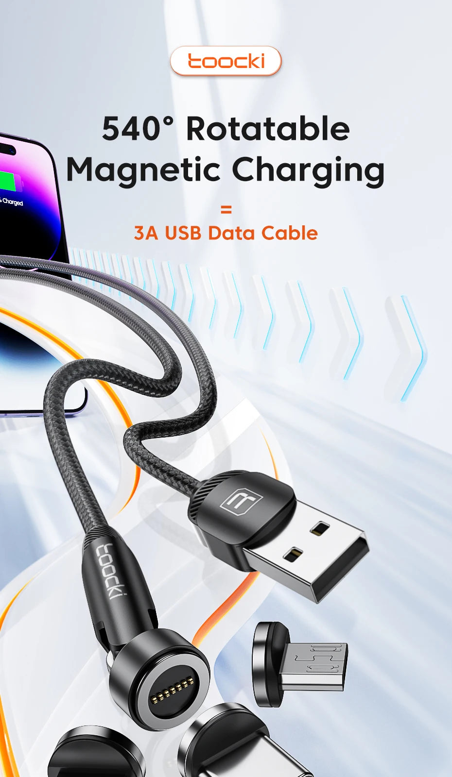 Toocki 540° Magnetic USB-C Cable – Fast Charge for iPhone & Android