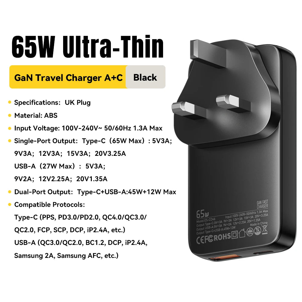 Essager 65W GaN Charger USB Type C Quick Charge 3.0 Fast Charger for iPhone 16 15 Xiaomi Samsung ipad Macbook Tablet PD Charger