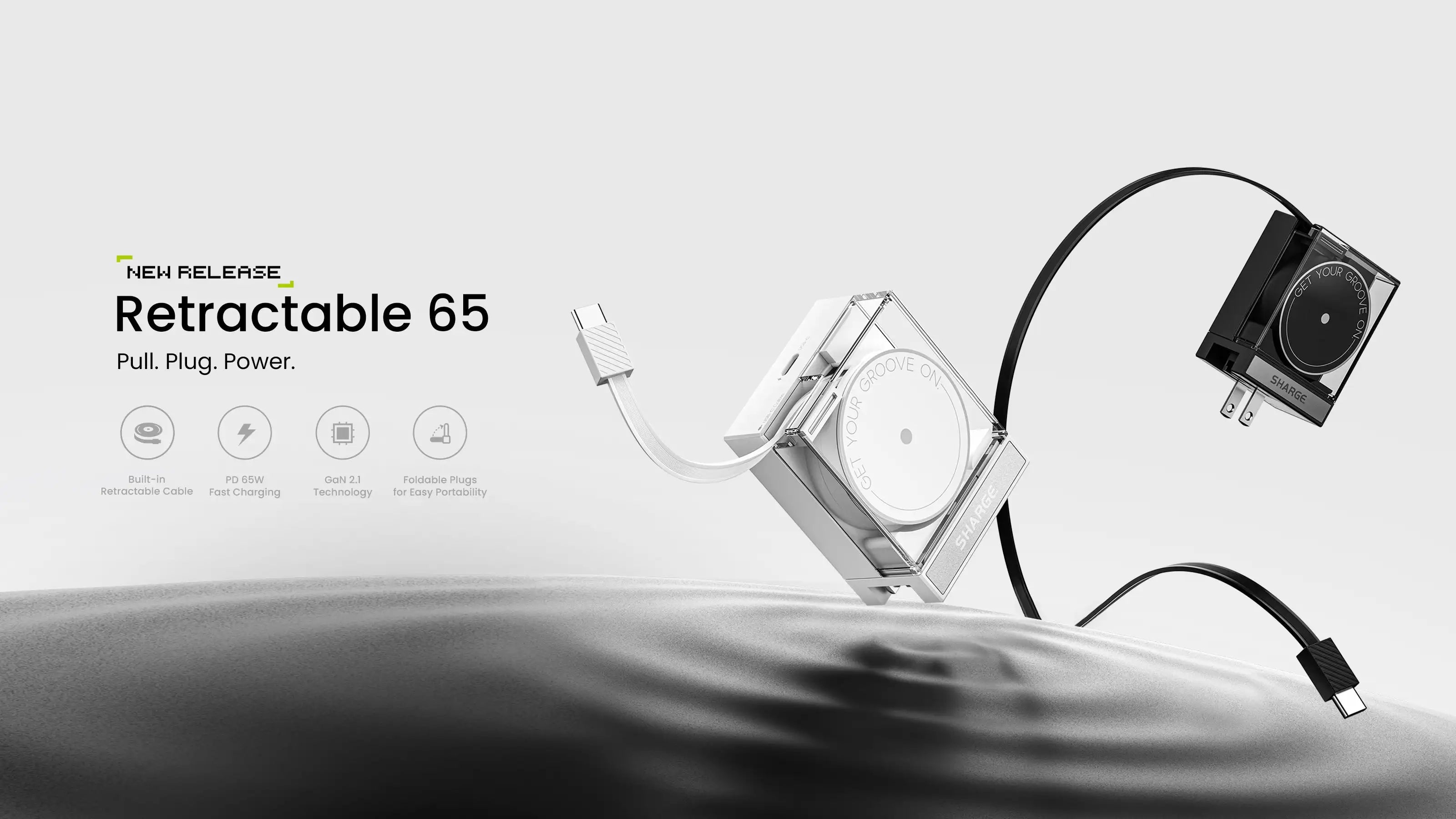 SHARGE Retractable 65W USB C Charger GaN Power 2 Devices PD Fast Charging for MacBook Pro/Air, iPhone 16,Pixel Book