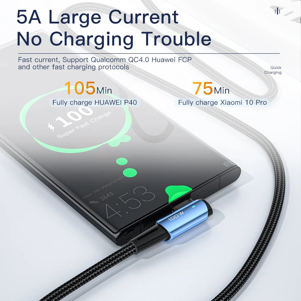 Essager 100W USB-C Cable – 90° Fast Charging & Data Wire