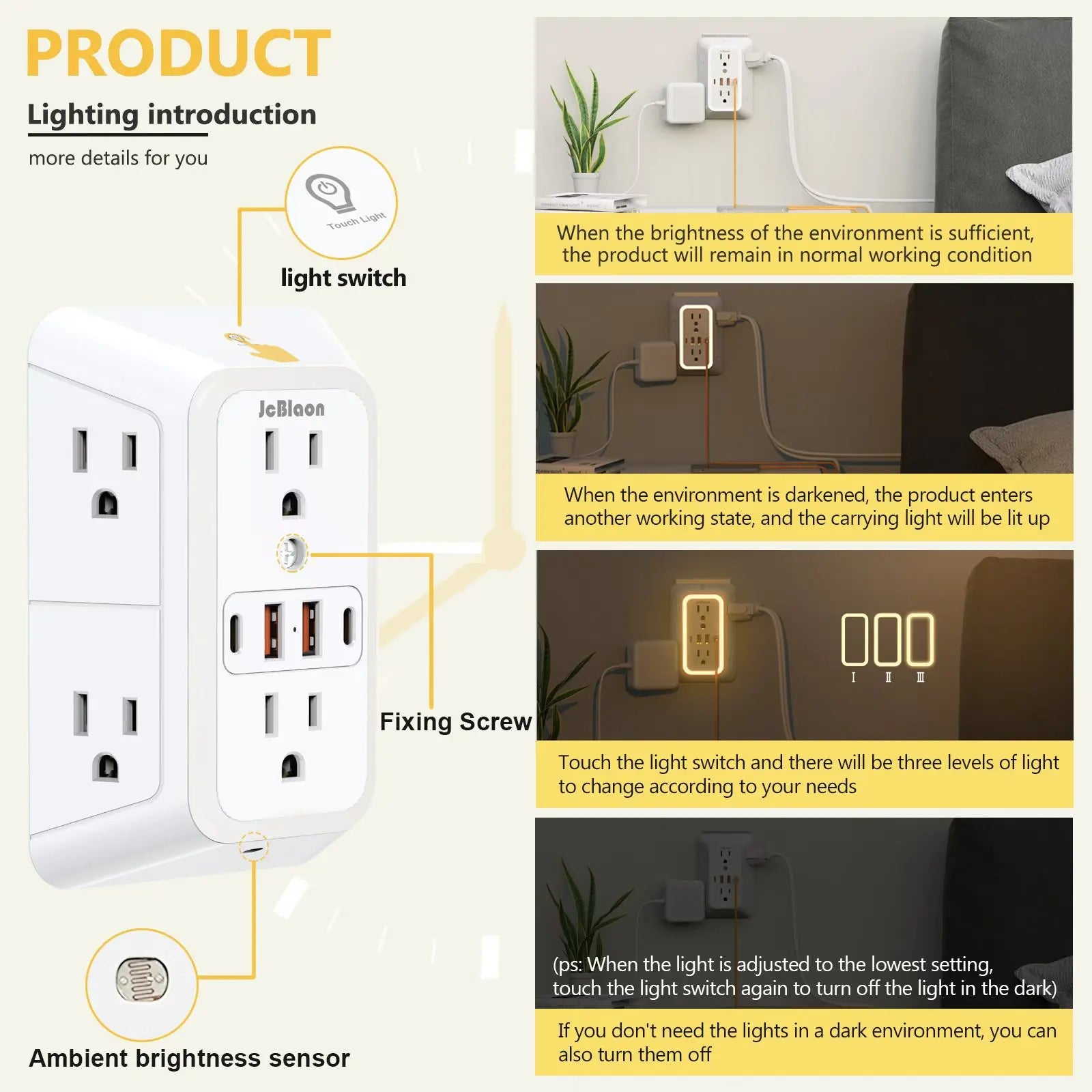 With Night Light US Plug AC Outlets Multitap Socket Electrical Power Strip with USB Type-C Ports Charging Network Filter Adapter