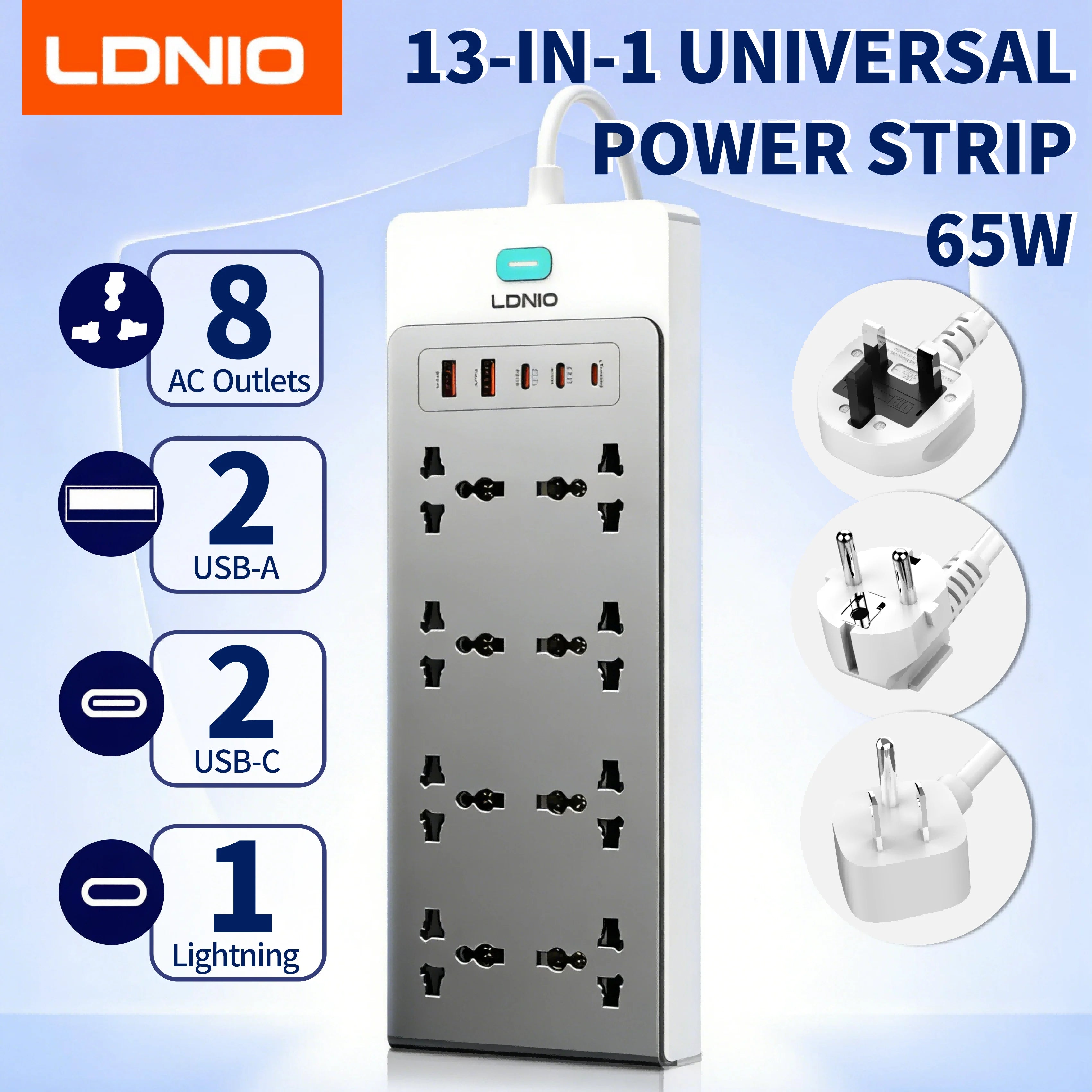 LDNIO 65W 13-in-1 Power Strip – Universal Outlets, USB-C Fast Charging & 2M Surge-Protected Extension Cord