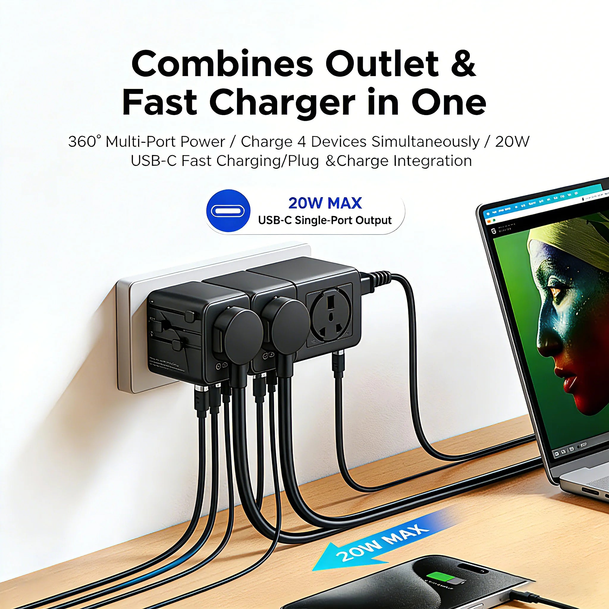ORICO Universal Travel Adapter Worldwide All-in-One 20W GaN with AC Outlet USB A Type C Dual 10A Fuses Fast Charging EU US UK AU