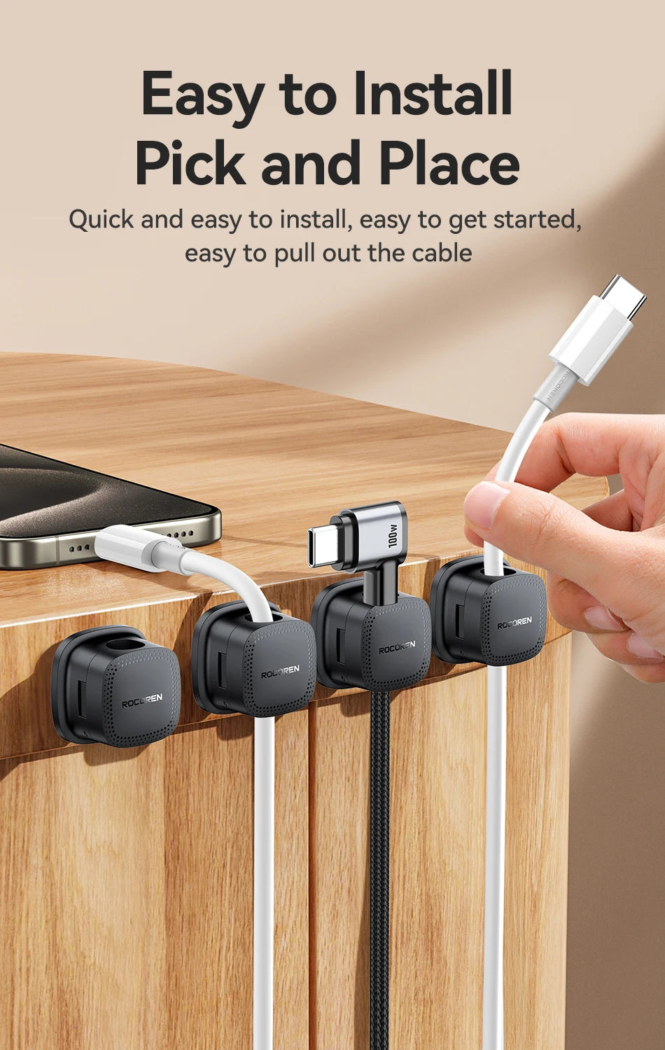 Rocoren Magnetic Cable Organizer – 6PCS Adjustable Wire Holder for Desk