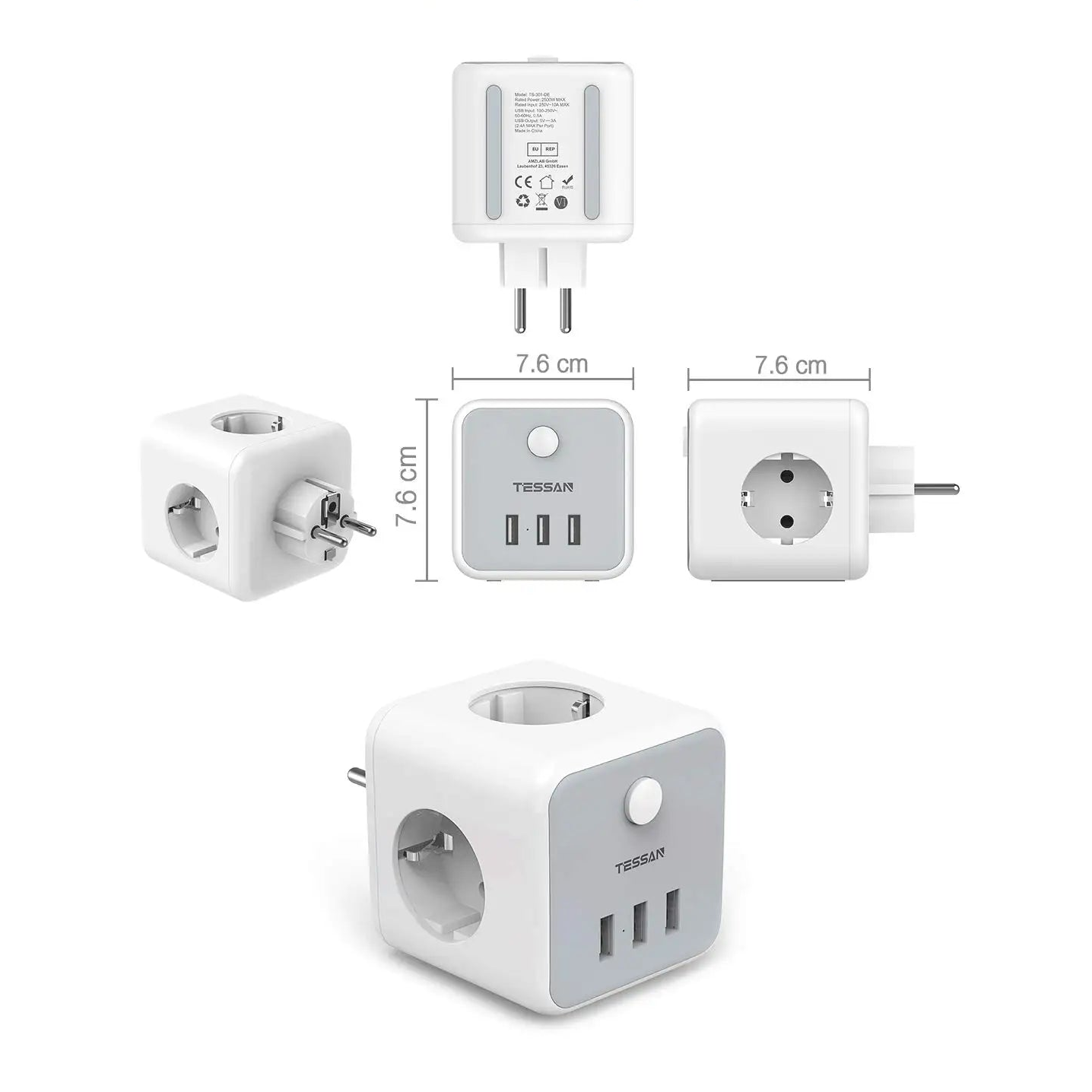 Compact plug adapter with dimensions on a white background