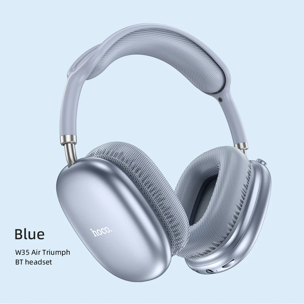 Blue wireless headphones on a light blue background