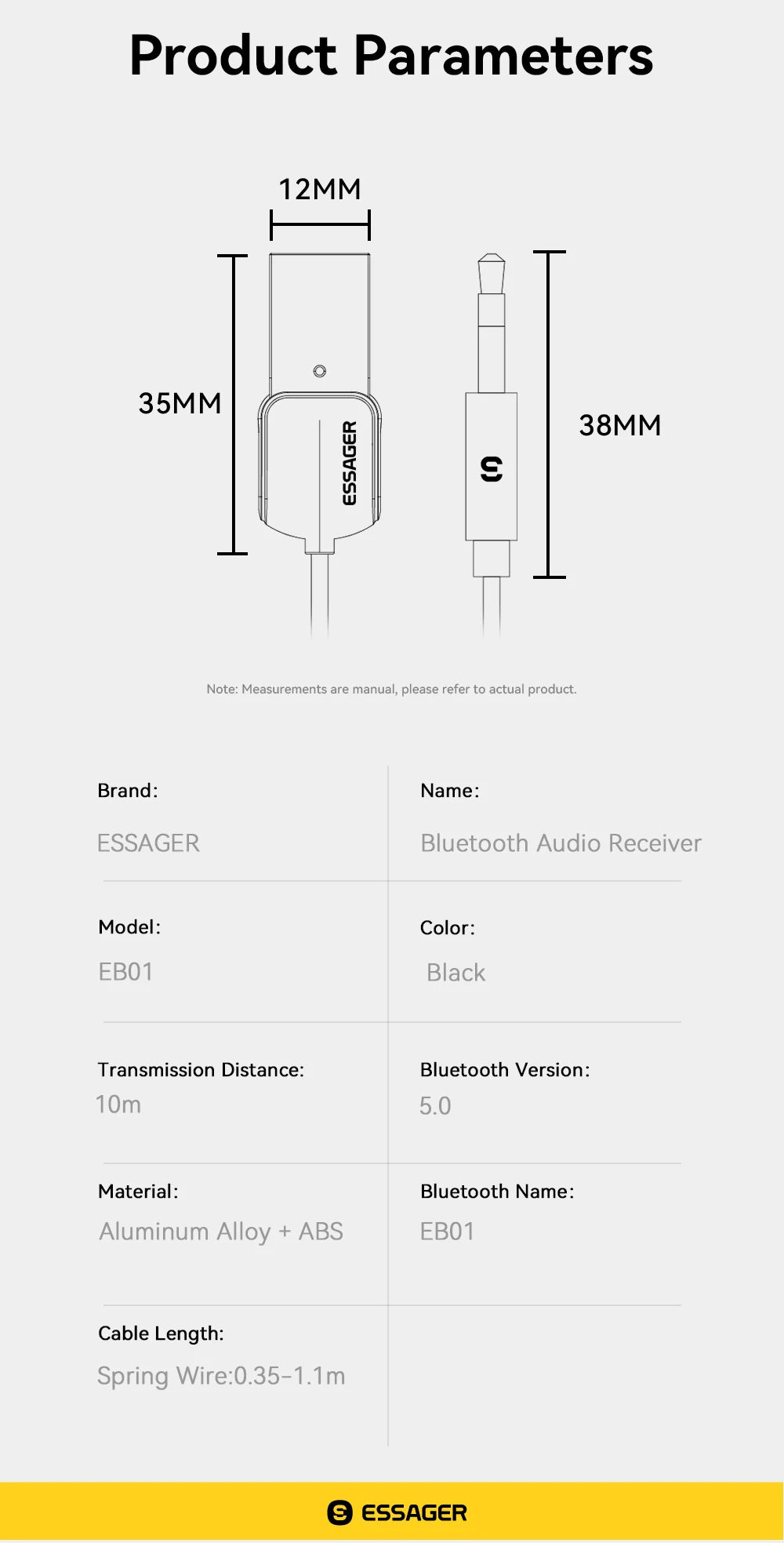 Essager Bluetooth Car Audio Cable 5.0 Transmitter Wireless Receiver Car AUX 3.5mm Jack Adapter Bluetooth Adapter Audio Cable