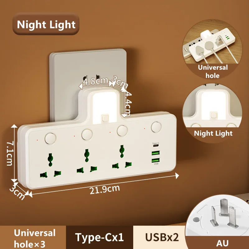 7-in-1 EU US UK AU Power Strip, Independent switch socket Power Strip 3 AC Outlets 2 USB 1 Type-C, Equipped USB charging adapter