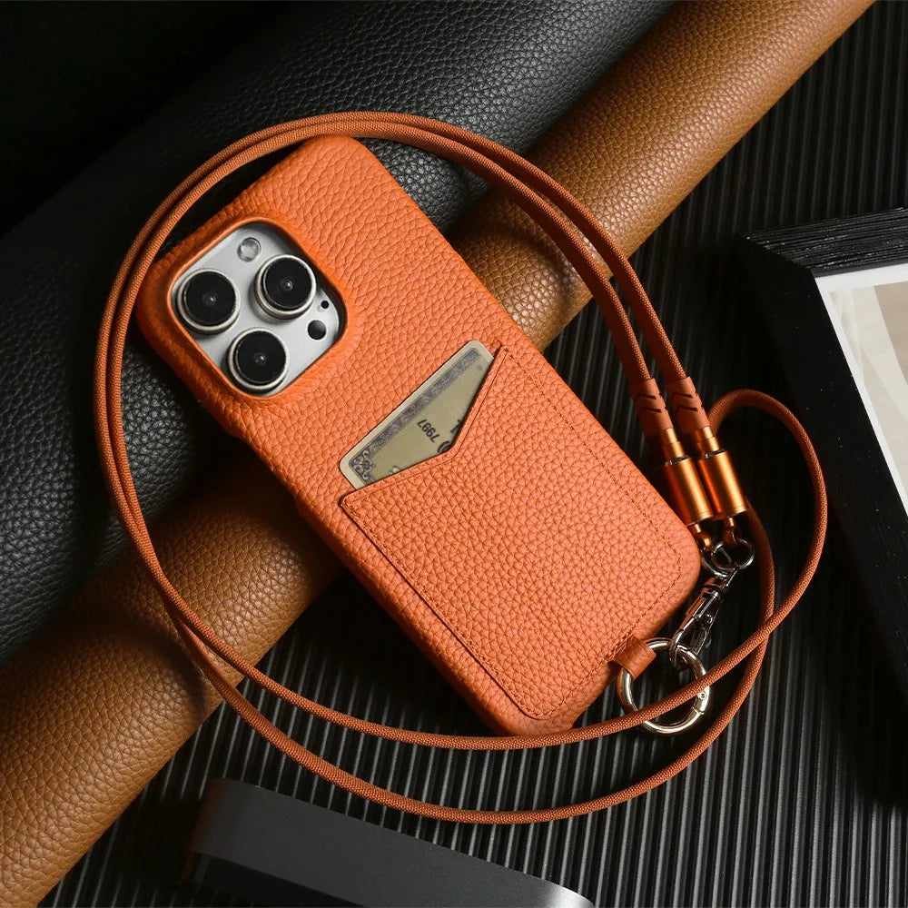 Multifunctional Charging Cable Lanyard Genuine Leather Case For iPhone 16 Pro Max 15Pro 11 13 12 14Pro Crossbody Strap Card Slot