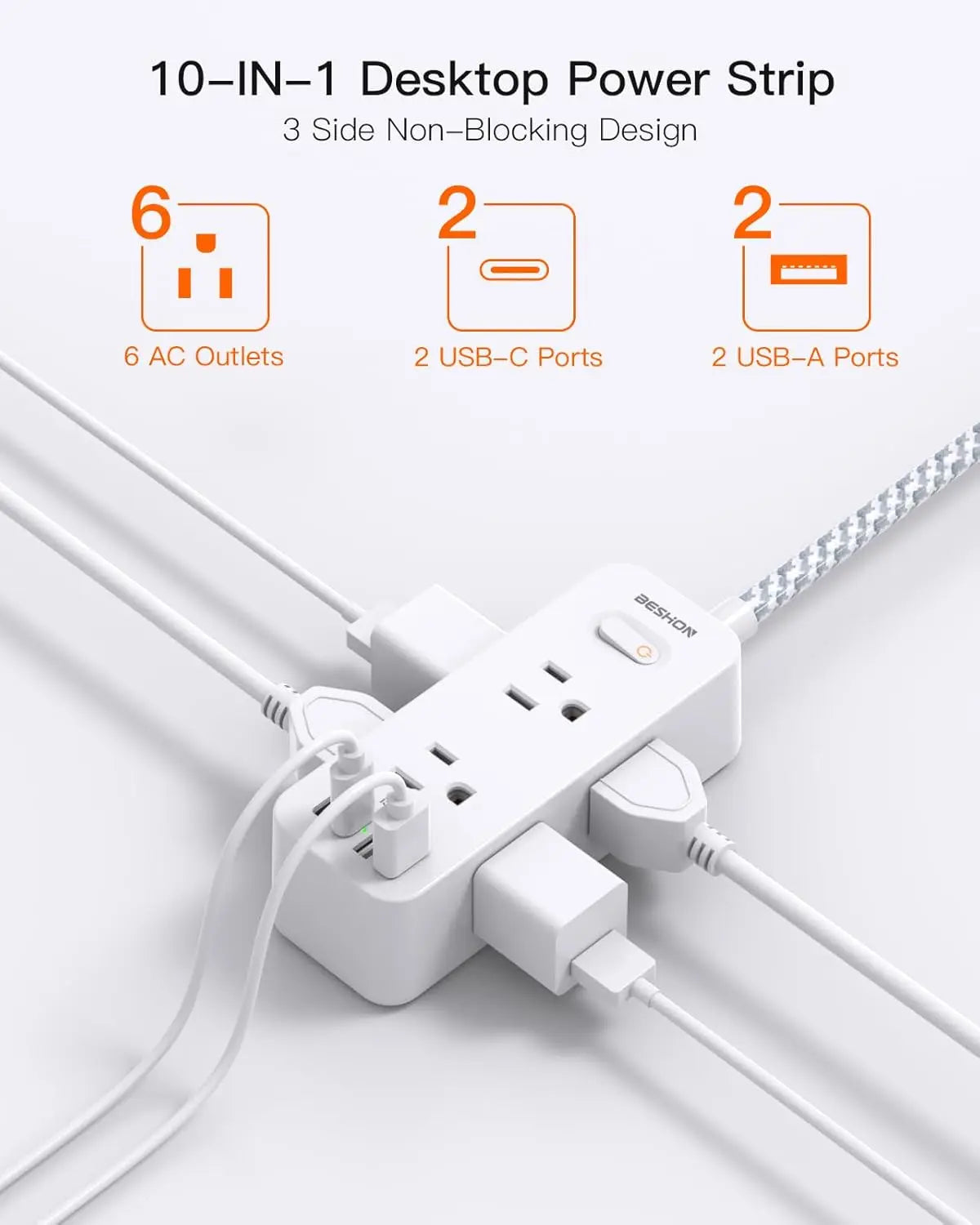 BESHON 6-Outlet Power Strip – 5ft Cord with 4 USB Ports & Surge Protection