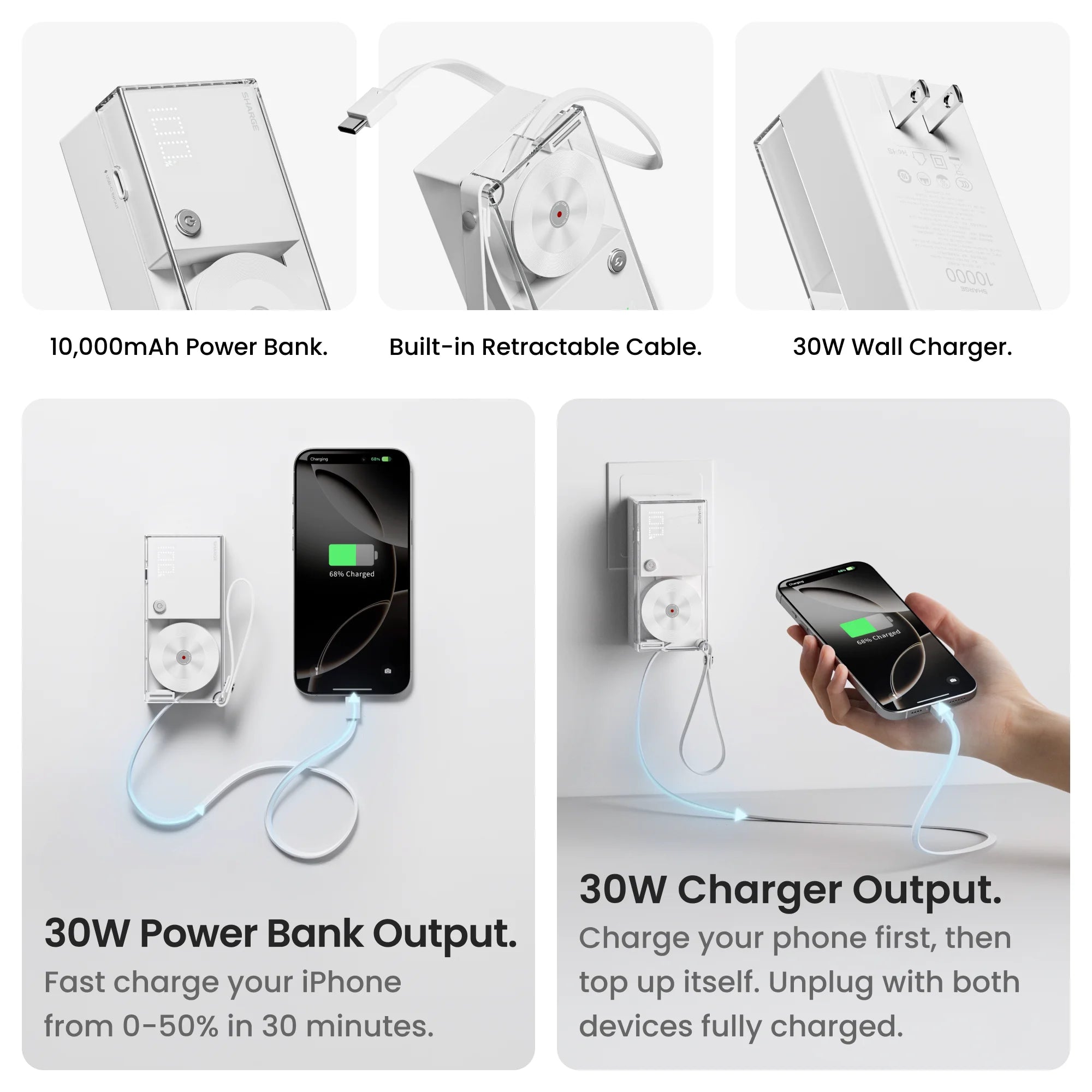 30W Portable 3-in-1 Power Bank – USB-C Charger with AC Plug for Phones