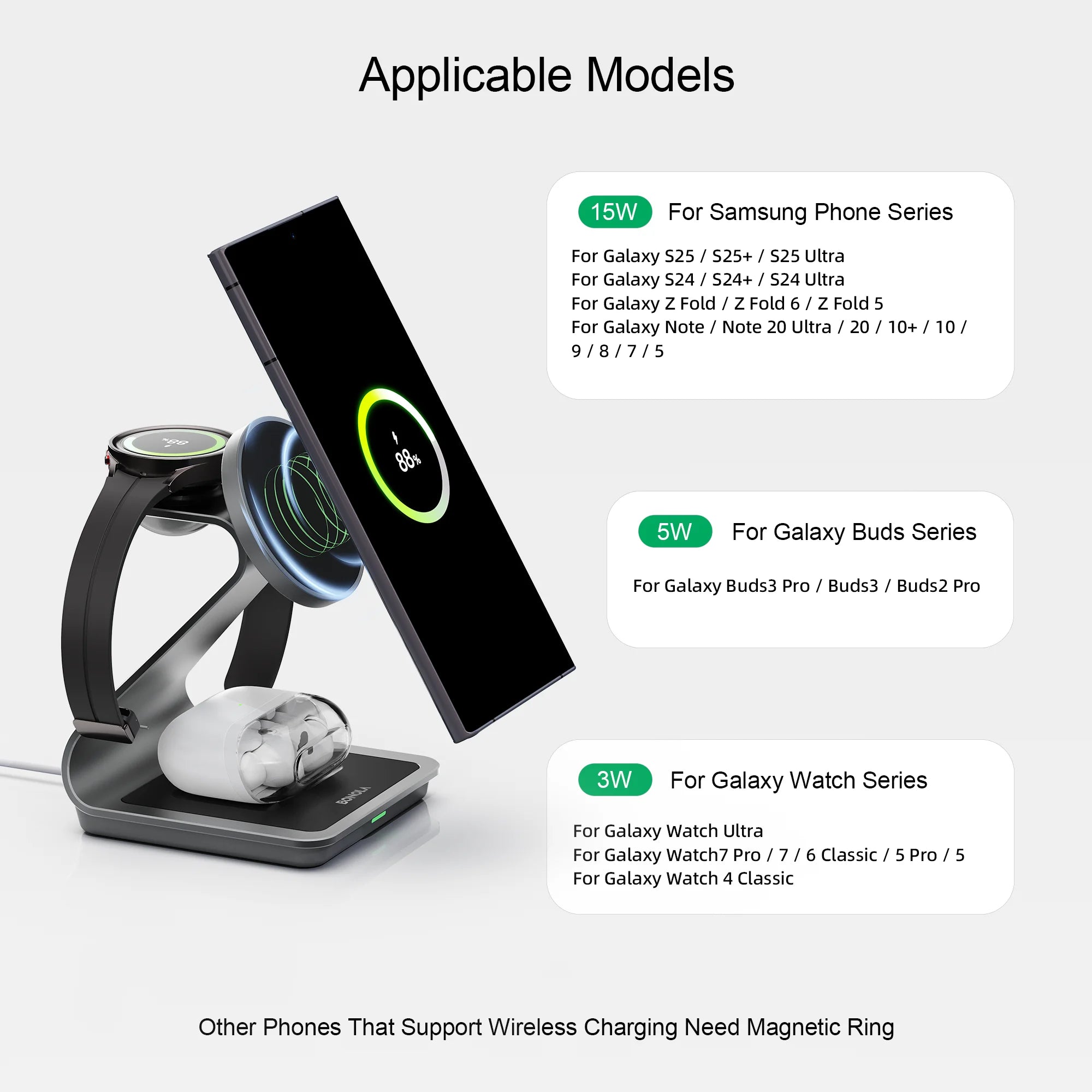 Bonola Wireless Charging Stand – 15W Fast Charge, 3-in-1 for Phone, Watch & Buds