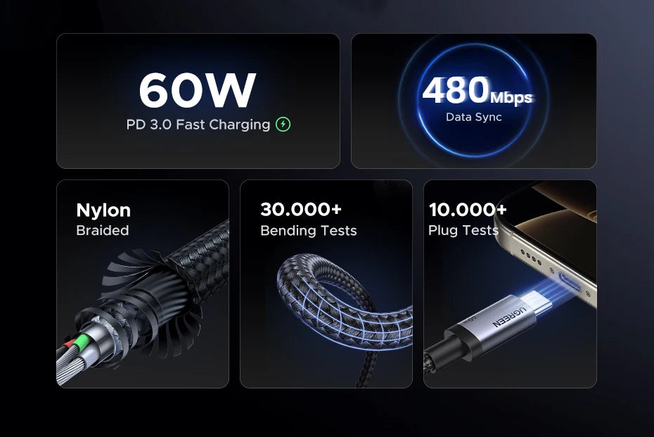 UGREEN USB-C PD 60W Fast Charging Cable – iPhone, Samsung, iPad, MacBook, Xiaomi