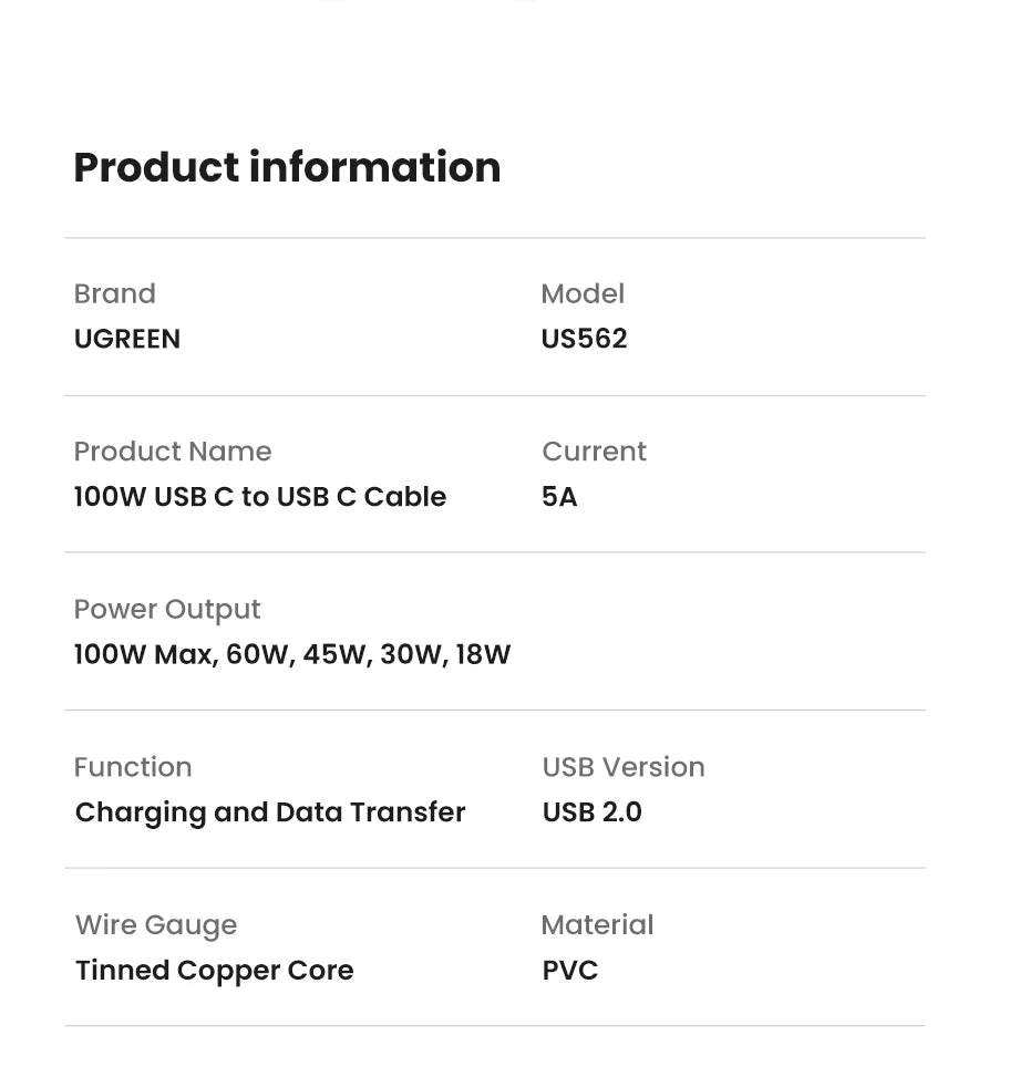 UGREEN USB-C to USB-C 5A – 100W Fast Charge