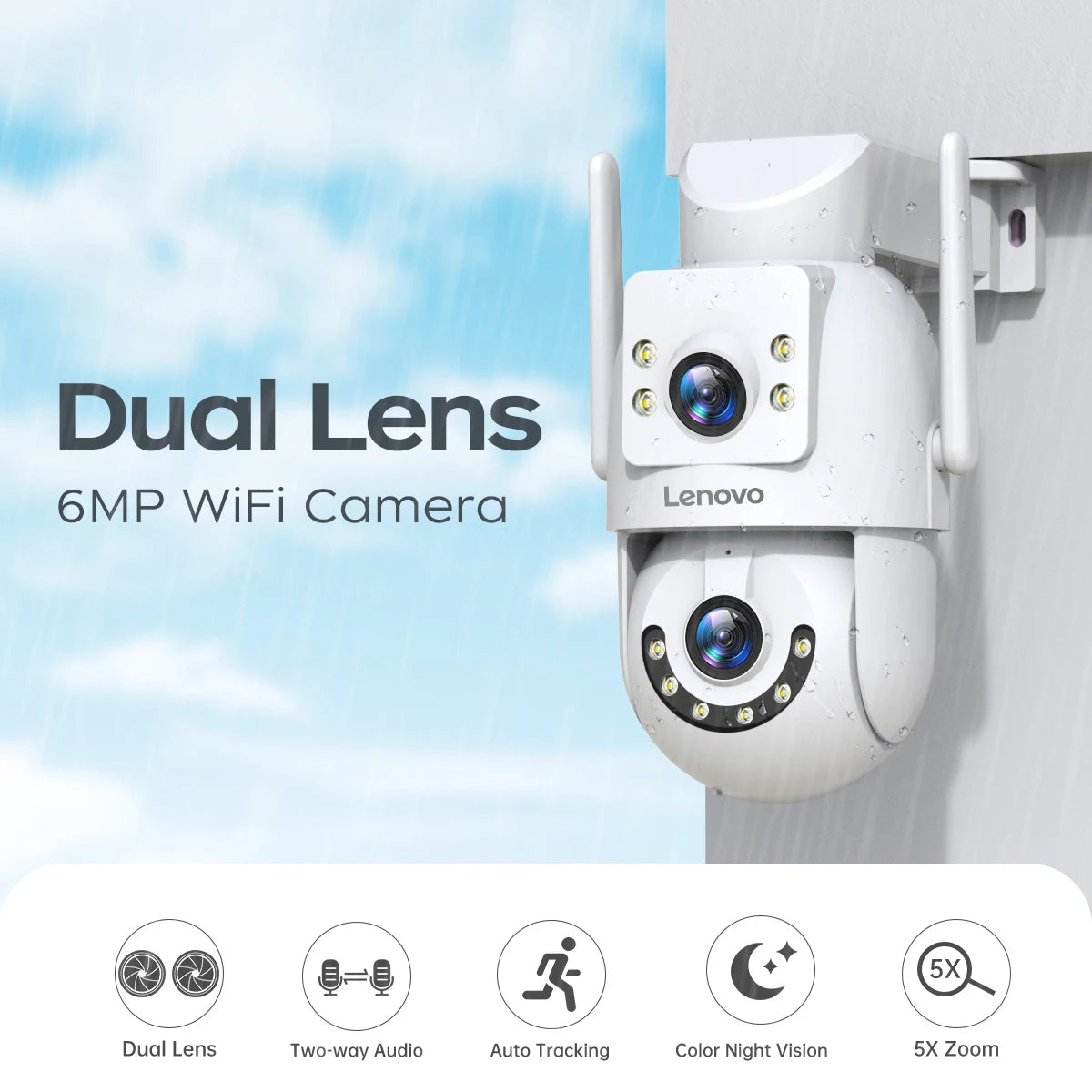 Lenovo 4K Dual-Lens PTZ Wi-Fi Outdoor Security Camera with Auto Tracking & ONVIF