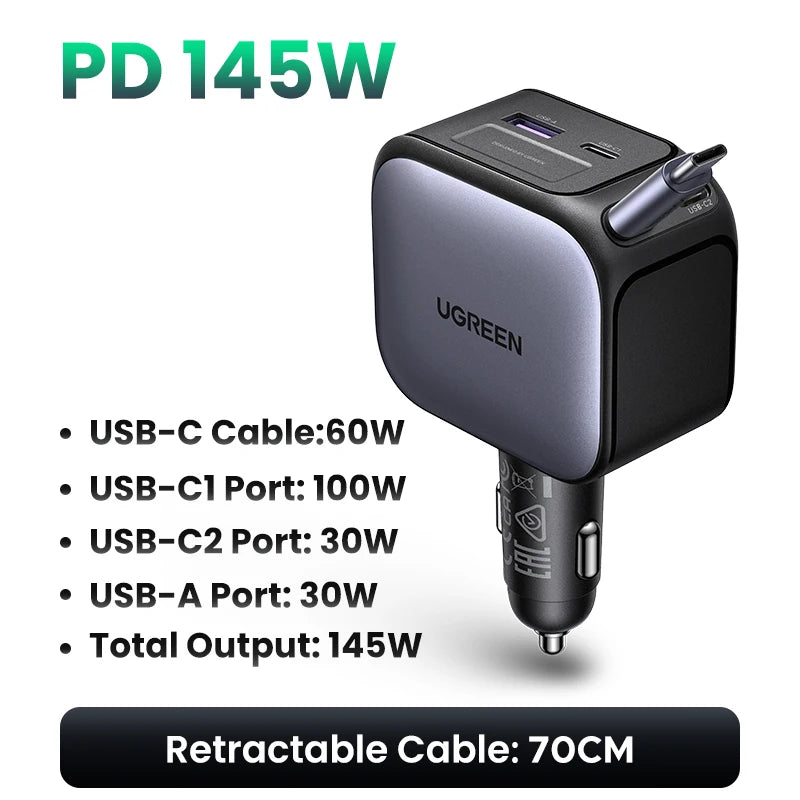 UGREEN 145W Car Charger – 3 USB-C & 1 USB-A