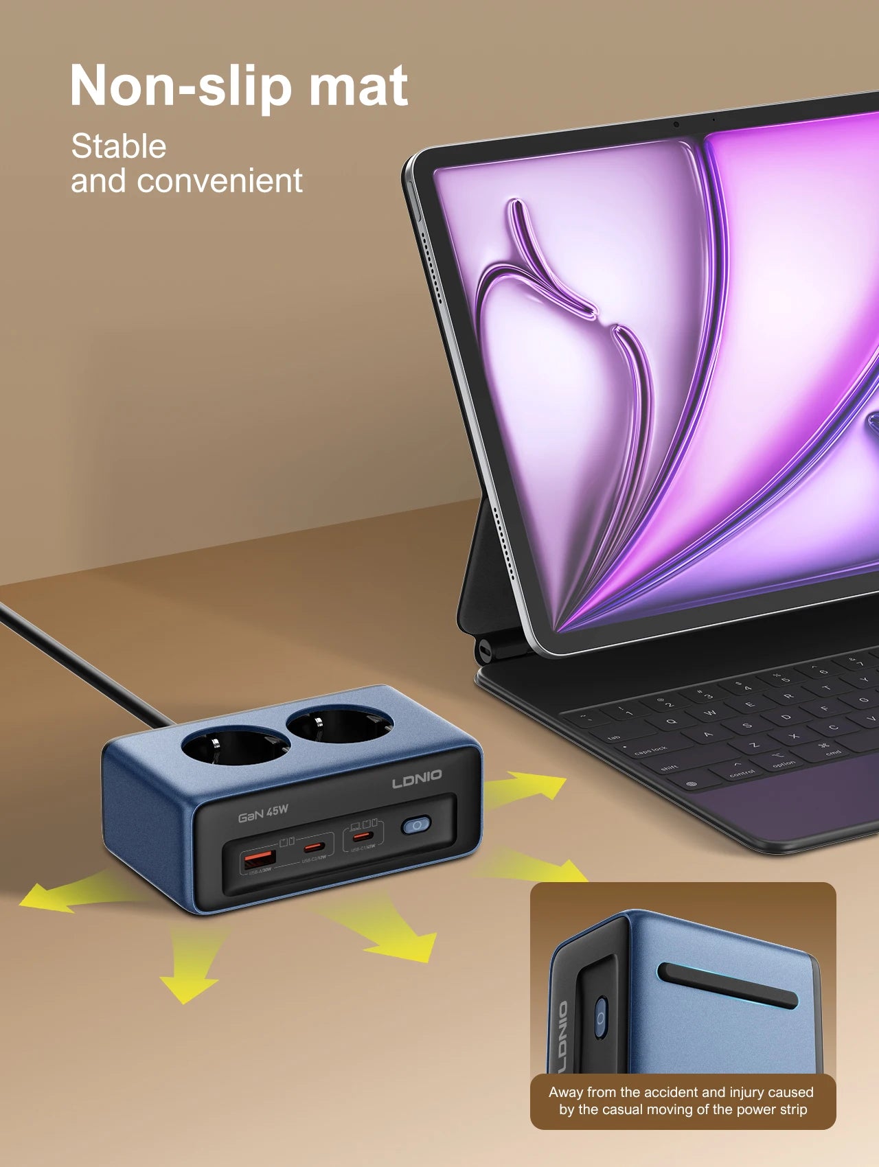LDNIO 45W Fast Charger Cube – USB-C Charging Station with Extension Cable 2 M