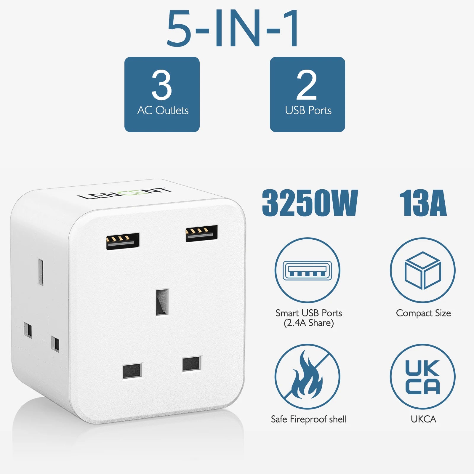 LENCENT UK Plug Power Strip with 3 AC Outlets 2 USB Charging Ports 5V 2.4A Portable Multi Socket Power Adapter for Home Office