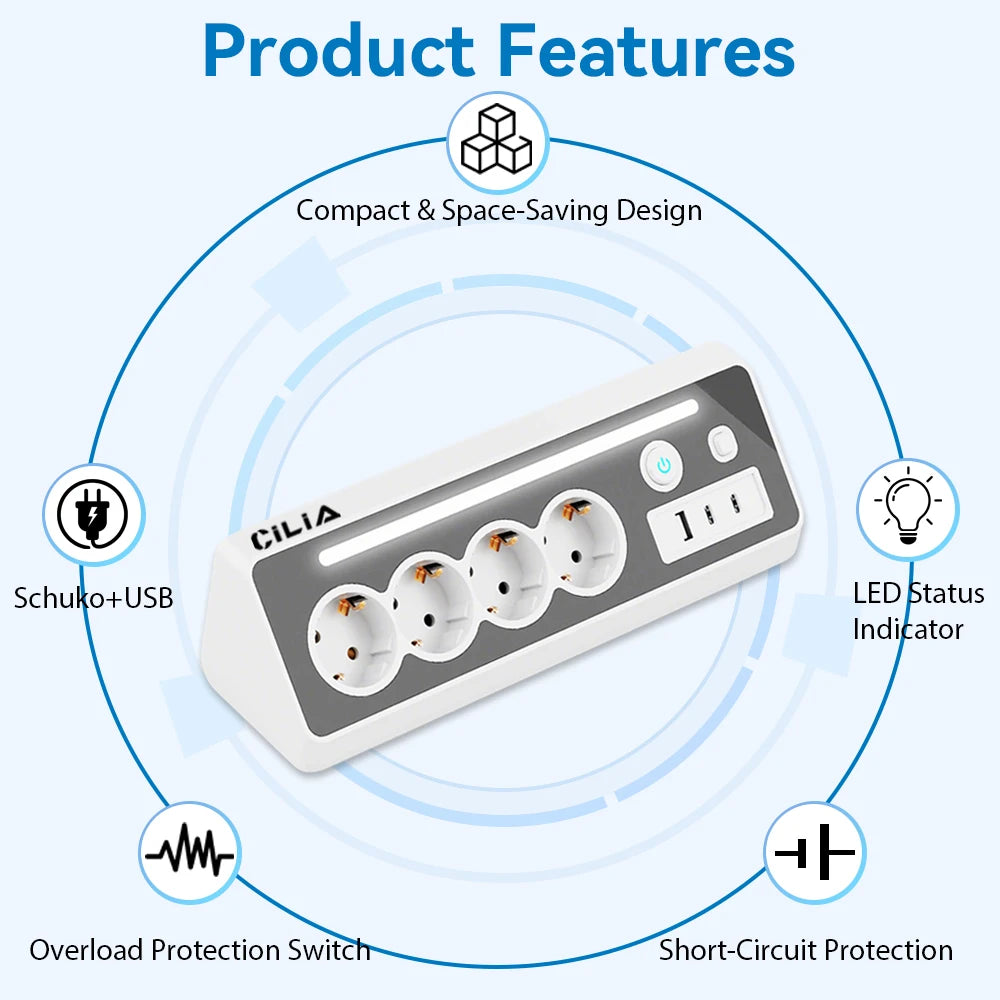 CILIA EU Power Strip 4 Schuko 2 USB C 1 USB A, 3680W 16A Surge Protection with Switch LED, 1 5m Cable for Home