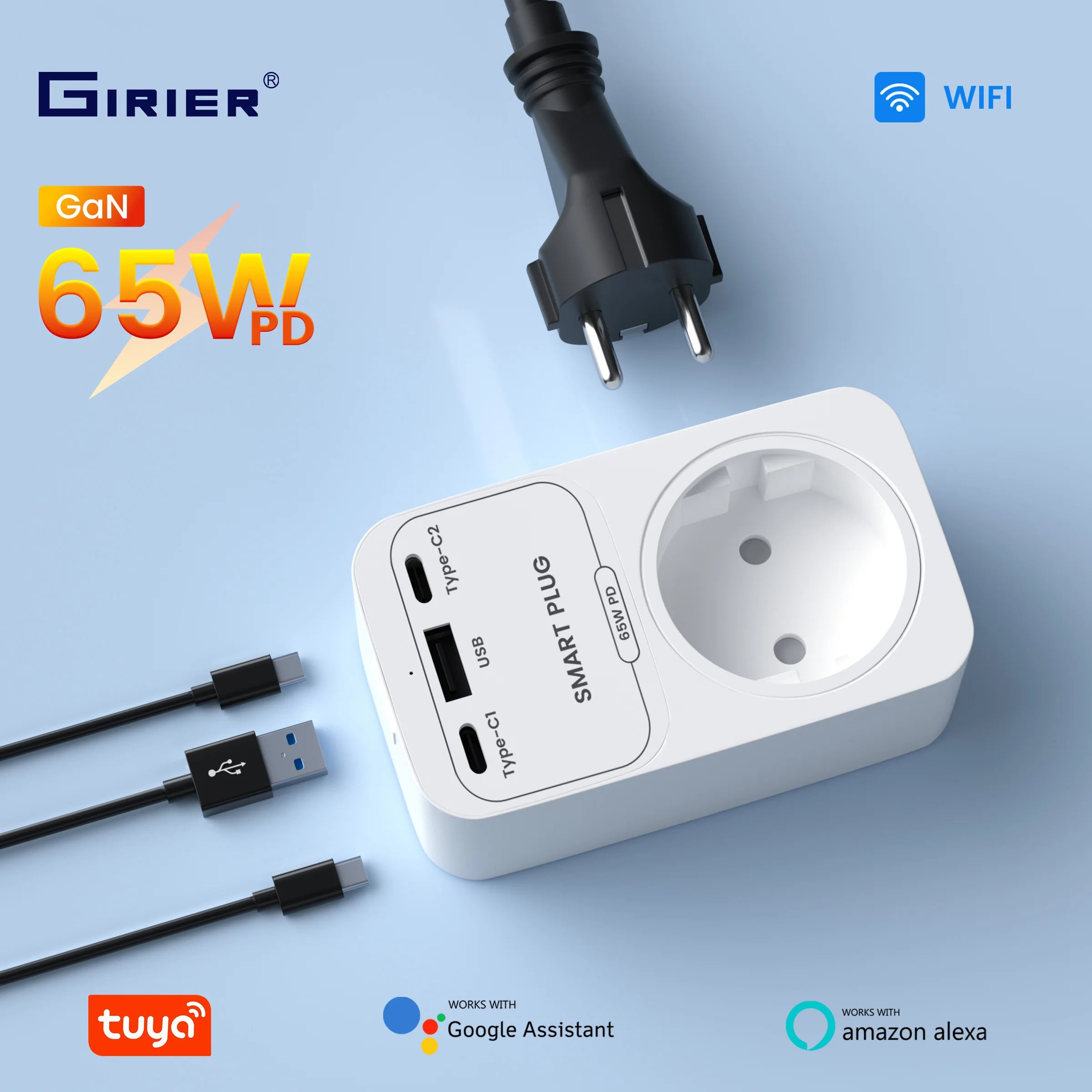 GIRIER Smart WiFi Plug + 65W Fast Charger – EU/US/UK/FR